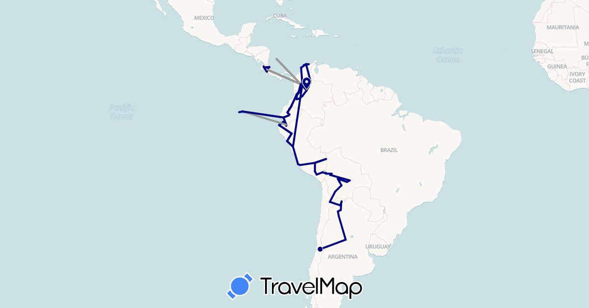 TravelMap itinerary: driving, plane, boat in Argentina, Bolivia, Chile, Colombia, Costa Rica, Ecuador, Peru (North America, South America)